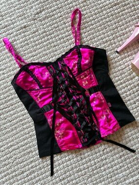 Rare Y2K Tripp NYC Black and Hot Pink Embroidered Bustier